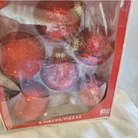 Vintage Red Glitter Glass Christmas Ornaments In Box Set Of 6 Excellent Cond. - Picture 3 of 4